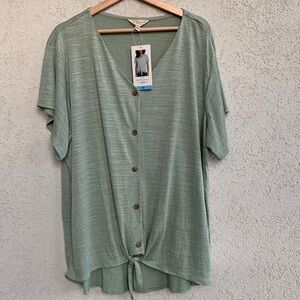 Weatherproof Vintage granite green short sleeve button down tie front top